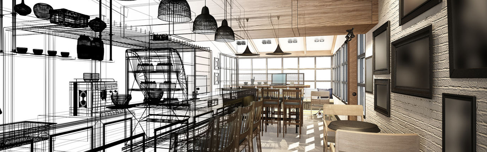 sketch design of coffee shop ,3dwire frame render