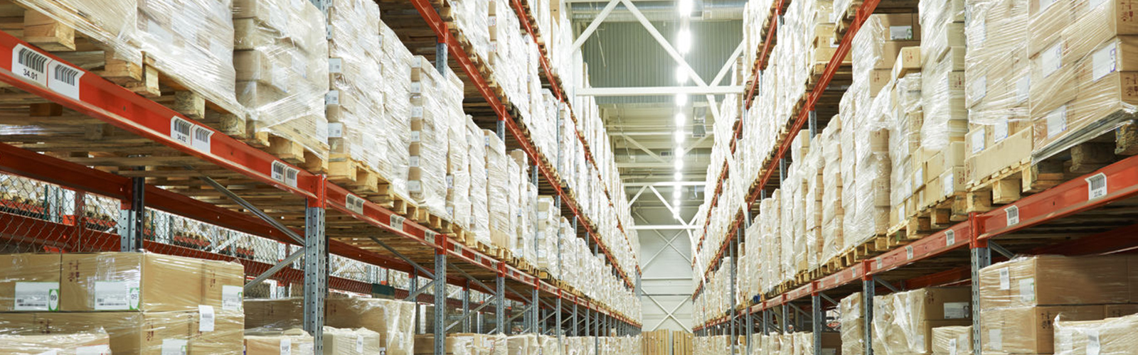 Interior of warehouse. rows of shelves with boxes